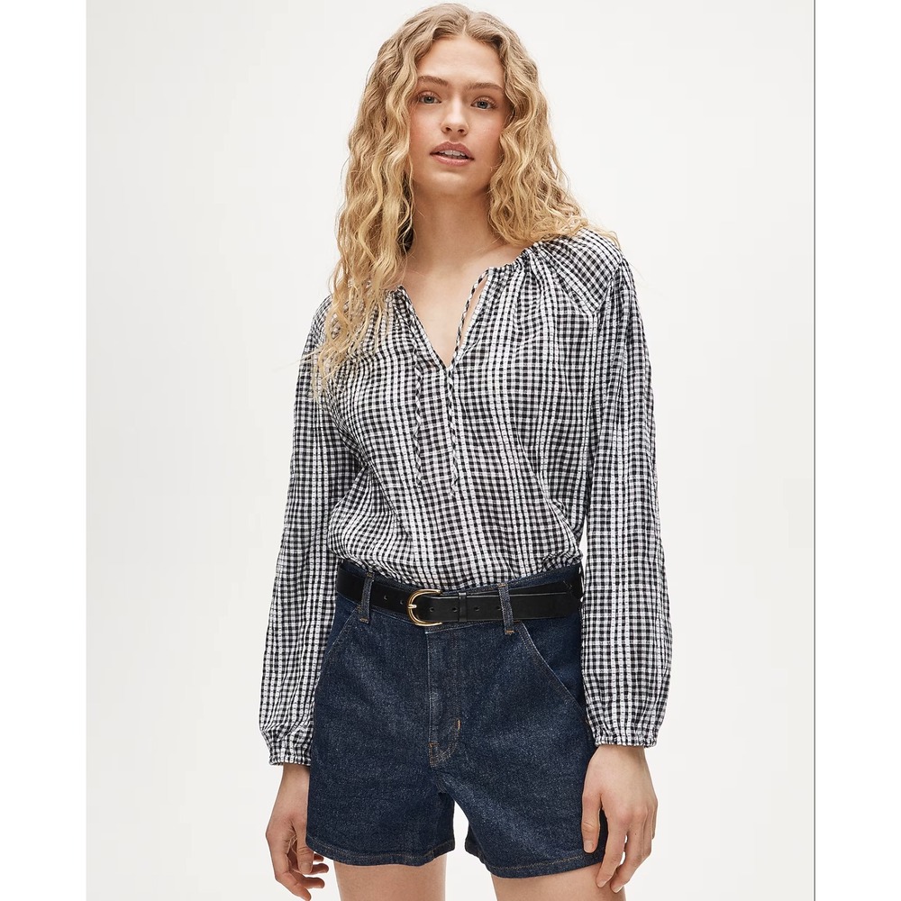 2026 J. Crew Womens Tie-Front Popover Top in Gingham Seersucker Size M
